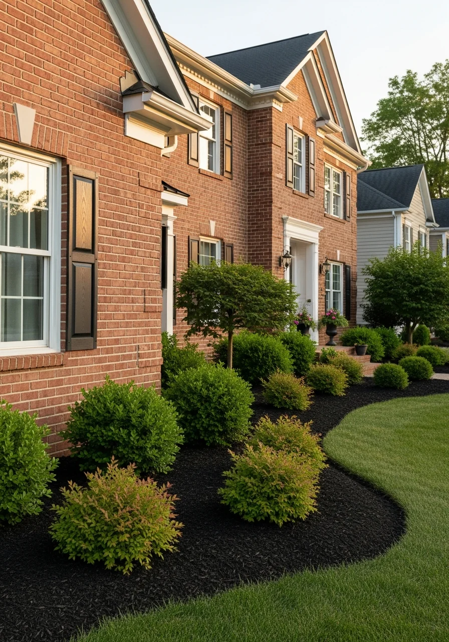 Close-up of a Timonium home exterior showing traditional architecture with mature landscaping and brick construction.