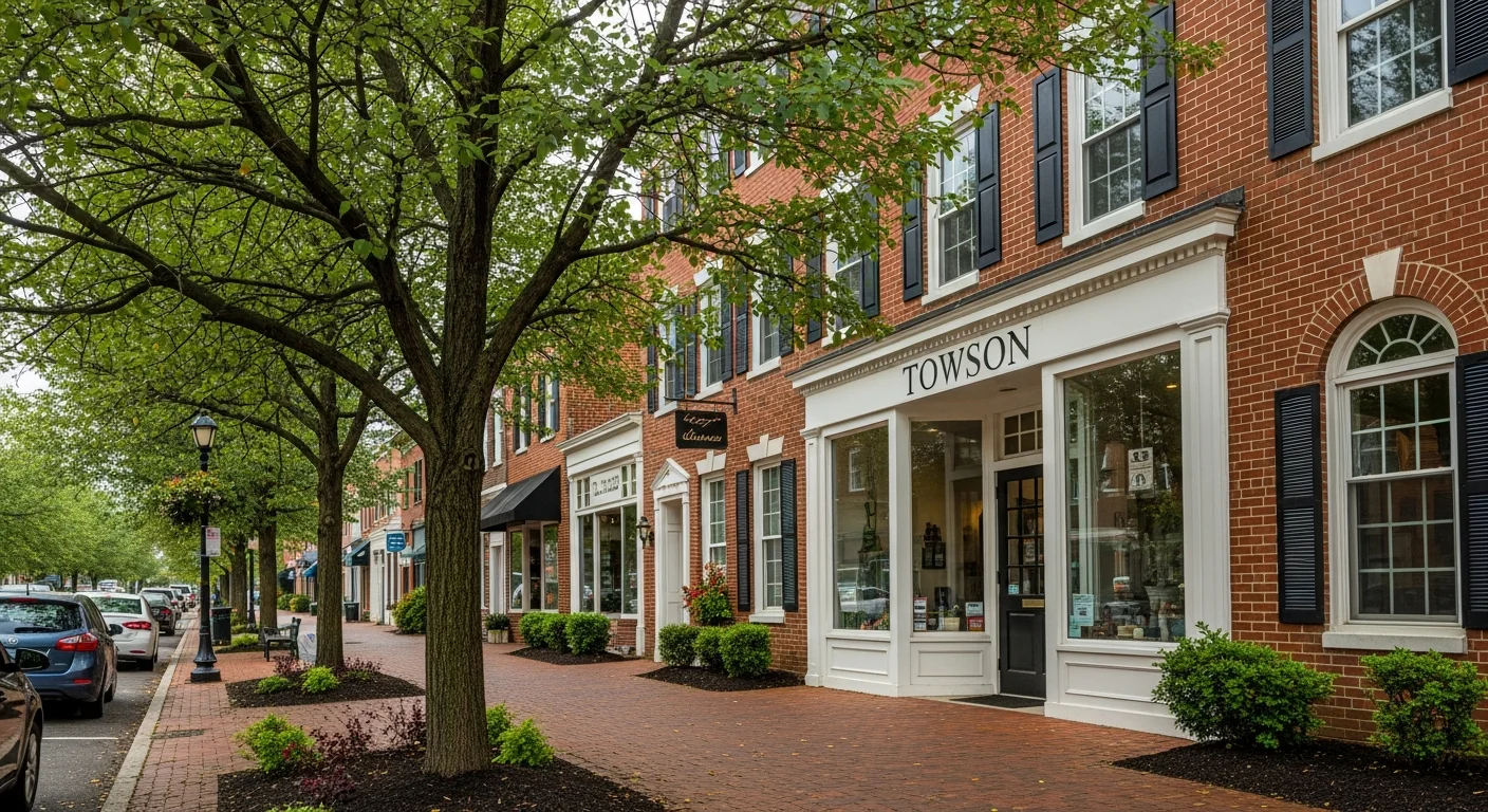 Wide view of Towson's commercial and residential district with tree-lined streets and mixed architecture.